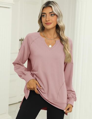 IECCP Womens Sweatshirts Long Sleeve V Neck Pullover Cute Side Slit Tops With Pockets Womens Fall Fashion in Saudi Arabia