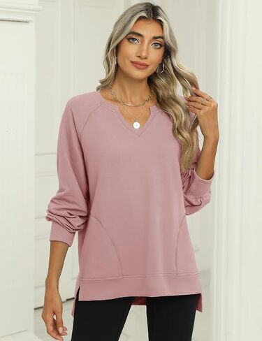 IECCP Womens Sweatshirts Long Sleeve V Neck Pullover Cute Side Slit Tops With Pockets Womens Fall Fashion in Saudi Arabia