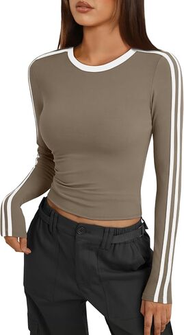 Trendy Queen Women's Long Sleeve Y2K Fitted Shirts Color Block 2024 Trendy Crop Tops Workout Cute Outfits in Saudi Arabia
