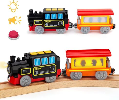 Battery Operated Train Set for Wooden Train Track (w/sound & Magnetic Connection), Powerful Engine Action Locomotive Train Set Fits Brio, Thomas, Chuggington Wooden Tracks, Train Toys for Toddlers 3Y+ in Saudi Arabia