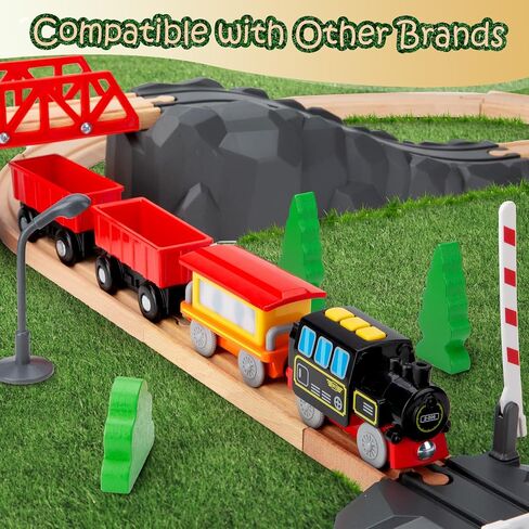 Battery Operated Train Set for Wooden Train Track (w/sound & Magnetic Connection), Powerful Engine Action Locomotive Train Set Fits Brio, Thomas, Chuggington Wooden Tracks, Train Toys for Toddlers 3Y+ in Saudi Arabia