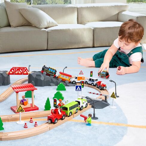 Battery Operated Train Set for Wooden Train Track (w/sound & Magnetic Connection), Powerful Engine Action Locomotive Train Set Fits Brio, Thomas, Chuggington Wooden Tracks, Train Toys for Toddlers 3Y+ in Saudi Arabia