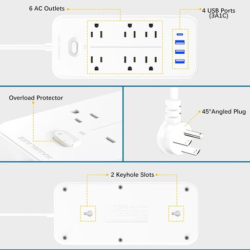 Power Strip Surge Protector with 6 AC Outlets & 4 USB Ports (1USB C),6 Feet Extension Cord,Flat Plug,NANOLAKE 1700J Surge Protection, Compact, Mountable, Home,Dorm, Office,Black (Without Night Light) in Saudi Arabia