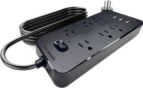 واقي من زيادة التيار الكهربائي مع 6 منافذ تيار متردد و4 منافذ USB (1USB C)، سلك تمديد بطول 6 أقدام، قابس مسطح، حماية من زيادة التيار NANOLAKE 1700J، مدمج، قابل للتركيب، المنزل، النوم، المكتب، أسود (بدون ضوء ليلي) in Kuwait