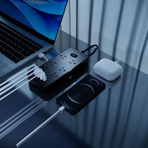واقي من زيادة التيار الكهربائي مع 6 منافذ تيار متردد و4 منافذ USB (1USB C)، سلك تمديد بطول 6 أقدام، قابس مسطح، حماية من زيادة التيار NANOLAKE 1700J، مدمج، قابل للتركيب، المنزل، النوم، المكتب، أسود (بدون ضوء ليلي) in Kuwait