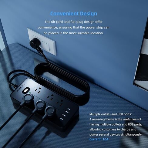 واقي من زيادة التيار الكهربائي مع 6 منافذ تيار متردد و4 منافذ USB (1USB C)، سلك تمديد بطول 6 أقدام، قابس مسطح، حماية من زيادة التيار NANOLAKE 1700J، مدمج، قابل للتركيب، المنزل، النوم، المكتب، أسود (بدون ضوء ليلي) in Kuwait