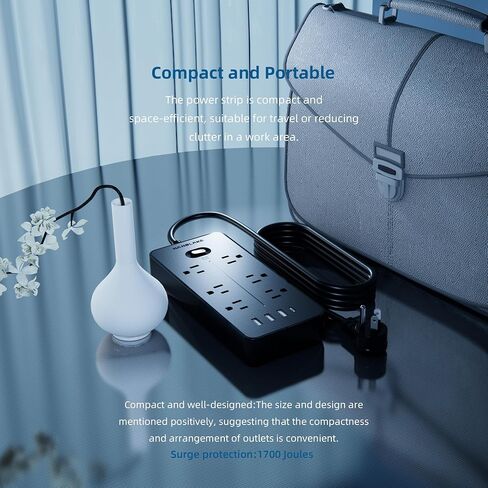 واقي من زيادة التيار الكهربائي مع 6 منافذ تيار متردد و4 منافذ USB (1USB C)، سلك تمديد بطول 6 أقدام، قابس مسطح، حماية من زيادة التيار NANOLAKE 1700J، مدمج، قابل للتركيب، المنزل، النوم، المكتب، أسود (بدون ضوء ليلي) in Kuwait