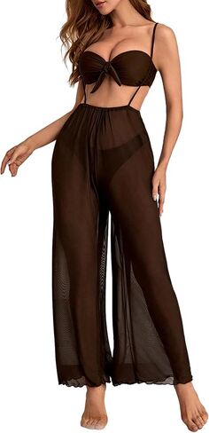 MakeMeChic Women's 3 Piece Bikini Sets Knot Front Push Up Strapless High Cut Swimsuit with Sheer Mesh Cover Up Pants in Saudi Arabia