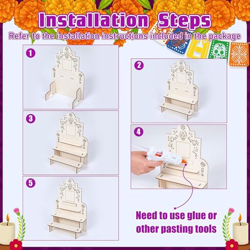 Qunclay Dia De Los Muertos Altar Ofrenda Day of the Dead Altar Poplar Plywood الخشبي ذاتي الطلاء الملون Papel Picado مع إطار صورة لـ Dia De Los Muertos يوم الموتى لوازم الزينة in Saudi Arabia