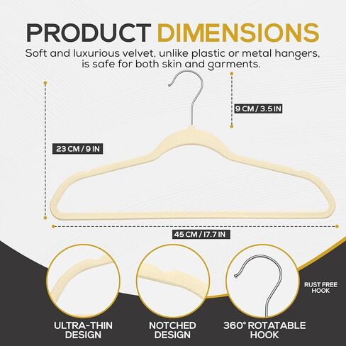 50 Pack New Premium Quality Velvet Hangers Ultra Thin Non Slip Adult Felt Space Saving Hangers for Closet Heavy Duty Coat Pants Jackets Dress Hangers 360° Swivel Hook Hold Upto 10 lbs Ivory in Saudi Arabia