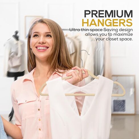50 Pack New Premium Quality Velvet Hangers Ultra Thin Non Slip Adult Felt Space Saving Hangers for Closet Heavy Duty Coat Pants Jackets Dress Hangers 360° Swivel Hook Hold Upto 10 lbs Ivory in Saudi Arabia