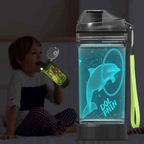 هدايا YuanDian Dolphin، زجاجة مياه مضيئة للأطفال مع تصميم ثلاثي الأبعاد لحيوانات المحيط - 14 أوقية تريتان خالية من BPA - أكواب شرب رائعة هدية لأطفال المدارس صبي فتاة طفل نساء in Kuwait