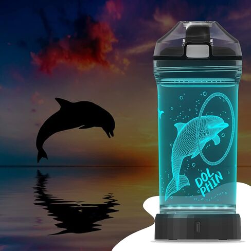هدايا YuanDian Dolphin، زجاجة مياه مضيئة للأطفال مع تصميم ثلاثي الأبعاد لحيوانات المحيط - 14 أوقية تريتان خالية من BPA - أكواب شرب رائعة هدية لأطفال المدارس صبي فتاة طفل نساء in Kuwait