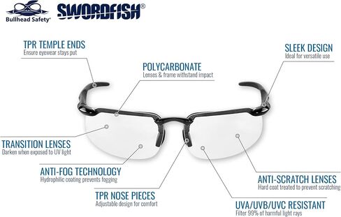 Bullhead Safety Swordfish Transition Safety Glasses With Anti Fog Lenses, Indoor/Outdoor Use, ANSI Z87+, Protective Eyewear With Anti-Scratch Coating And UV Light Protection, Matte Black Frame in Kuwait
