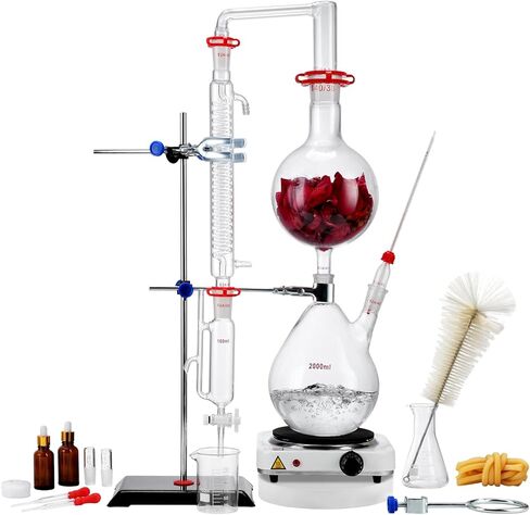 مجموعة تقطير الزيوت العطرية VEVOR، جهاز تقطير 2000 مل، مجموعة تقطير زجاجية 3.3 Boro Lab مع لوحة تسخين 1000 وات و24، 40 وصلة، مجموعة 28 قطعة in Kuwait