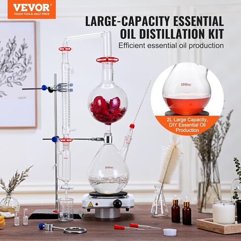 مجموعة تقطير الزيوت العطرية VEVOR، جهاز تقطير 2000 مل، مجموعة تقطير زجاجية 3.3 Boro Lab مع لوحة تسخين 1000 وات و24، 40 وصلة، مجموعة 28 قطعة in Kuwait