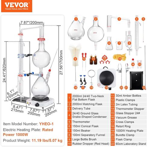 مجموعة تقطير الزيوت العطرية VEVOR، جهاز تقطير 2000 مل، مجموعة تقطير زجاجية 3.3 Boro Lab مع لوحة تسخين 1000 وات و24، 40 وصلة، مجموعة 28 قطعة in Kuwait