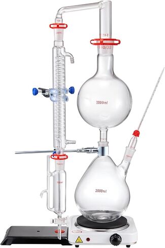 مجموعة تقطير الزيوت العطرية VEVOR، جهاز تقطير 2000 مل، مجموعة تقطير زجاجية 3.3 Boro Lab مع لوحة تسخين 1000 وات و24، 40 وصلة، مجموعة 28 قطعة in Kuwait