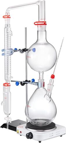 مجموعة تقطير الزيوت العطرية VEVOR، جهاز تقطير 2000 مل، مجموعة تقطير زجاجية 3.3 Boro Lab مع لوحة تسخين 1000 وات و24، 40 وصلة، مجموعة 28 قطعة in Kuwait