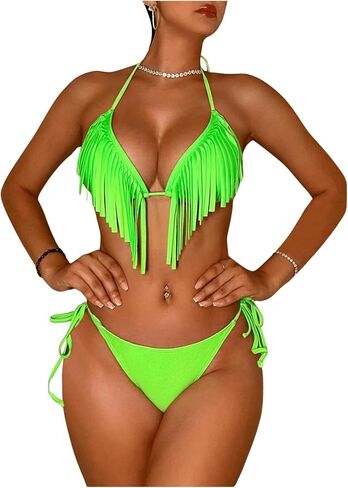 WDIRARA Women's Fringe Trim Halter Triangle Tie Side Bikini 2 Piece Thong Swimsuit in Saudi Arabia