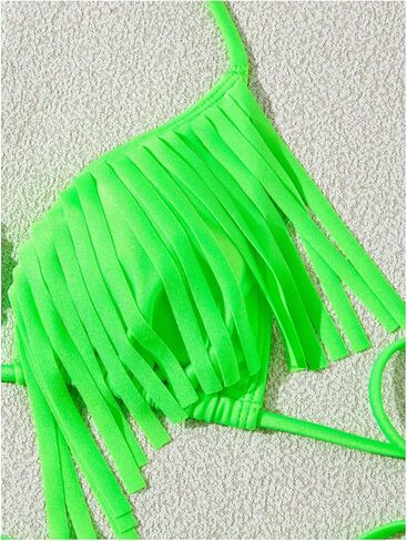 WDIRARA Women's Fringe Trim Halter Triangle Tie Side Bikini 2 Piece Thong Swimsuit in Saudi Arabia