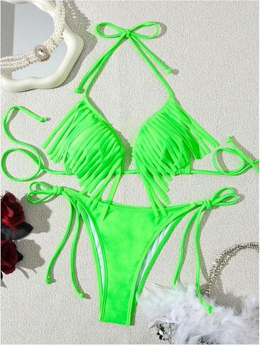 WDIRARA Women's Fringe Trim Halter Triangle Tie Side Bikini 2 Piece Thong Swimsuit in Saudi Arabia