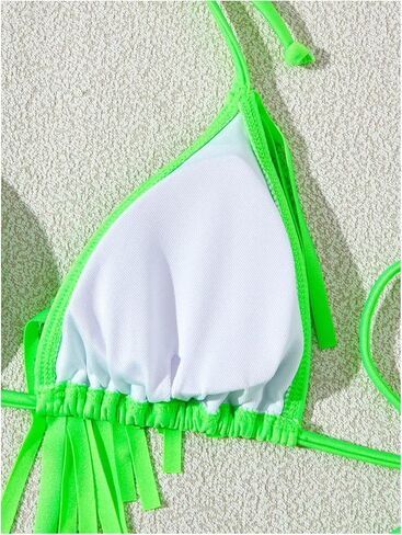 WDIRARA Women's Fringe Trim Halter Triangle Tie Side Bikini 2 Piece Thong Swimsuit in Saudi Arabia