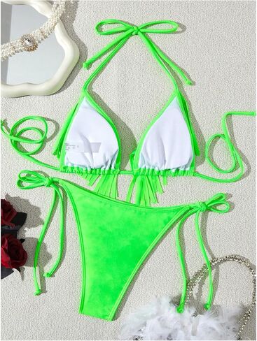 WDIRARA Women's Fringe Trim Halter Triangle Tie Side Bikini 2 Piece Thong Swimsuit in Saudi Arabia