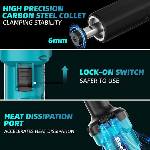 مطحنة قوالب لاسلكية من Seesi مقاس 6 مم، مطحنة كهربائية بـ 3 سرعات بحد أقصى 25000 دورة في الدقيقة مع بطارية 2 × 4.0 أمبير في الساعة وشاحن سريع، مطحنة قوالب بدون فرش مع 4 رؤوس طحن لطحن المعادن وتلميعها in Kuwait