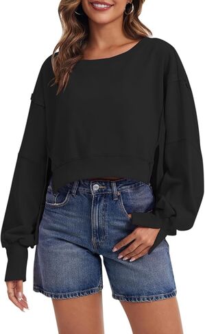 Sweatshirt for Women Fall Outfits Crewneck Long Sleeve Pullover Crop Tops Oversized Side Slit Winter Clothes 2024 in Saudi Arabia