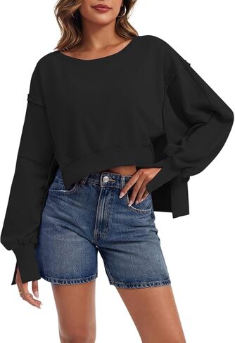 Sweatshirt for Women Fall Outfits Crewneck Long Sleeve Pullover Crop Tops Oversized Side Slit Winter Clothes 2024 in Saudi Arabia