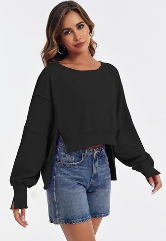 Sweatshirt for Women Fall Outfits Crewneck Long Sleeve Pullover Crop Tops Oversized Side Slit Winter Clothes 2024 in Saudi Arabia