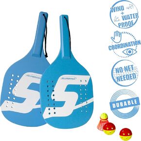 Speedminton Light Wooden Beach Paddle 2 Player Set - Incl. 2 Balls & 1 Original Fun Speeder Birdie - Perfect Alternative to Smashball & Beach Tennis, Blue (SM01-PADDLE-12)