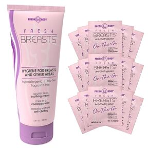 Fresh Body Fresh Breasts Anti Chafing Deodorant Lotion to Powder for Women, 3.4oz and On-The-Go Travel Size Single .07oz (15 Pack) - Anti Chafe Cream Whole Body Deodorant for Women