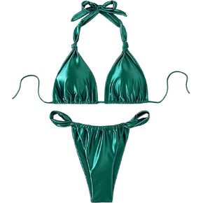 WDIRARA Women's 2 Piece Metallic Swimsuits Shiny Ruched Halter Triangle Bikini Set Beach Bathing Suit