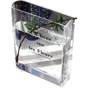 Book vase for flowers, Cute Bookshelf Decor, Unique Vase for Book Lovers, Artistic and Cultural Flavor Acrylic Vases for Home Office Decor, A Book about Flowers - Clear flower vase (RED)
