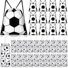 40 Pcs Soccer Party Favors 20 Pack Soccer Cups with Lid and Straw 14.2 oz Reusable Tumbler Clear Plastic Drinking Cups with 20 Pack Drawstring Bag for Birthday School Sport Decorations