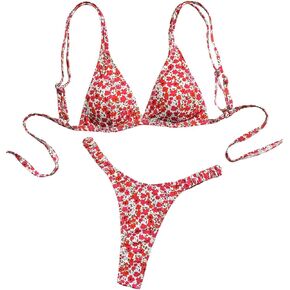 GORGLITTER Women's Floral Print Bikini Set High Cut Thong Halter Triangle Top Swimsuit Bathing Suit