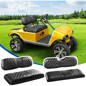 NOKINS 4PCS Golf Cart Diamond Seat Covers Kit, Front and Rear Seat Covers Fits Club Car DS 2000.5-Up OEM Ordinary Seat Cushion, No Need to Staples, Durable Breathable Vinyl (Black&Black Stitching)