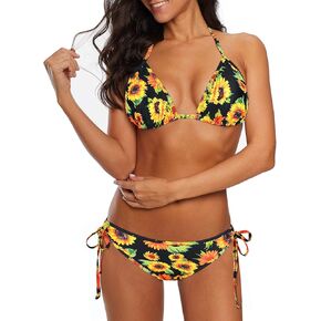 Womens Sexy Bikini Swimsuit Halter Top String Triangle Bikini Sets Two Piece Swimsuit Brazilian Bathing Suits Classic 27 Sunflower L