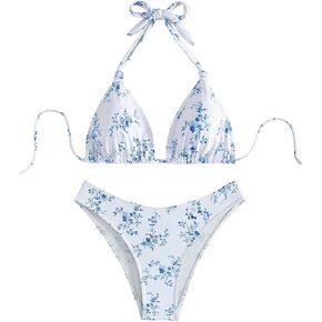 SOLY HUX Women's Two Piece Bathing Suit Floral Print Halter Triangle Bikini Sets Swimsuit