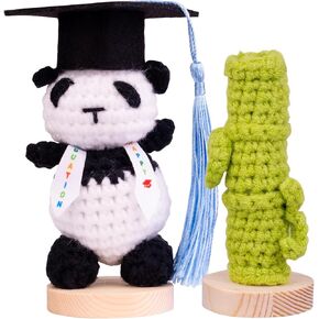 Funny Positive Panda Crochet Doll, Knitted Wool Panda Doll with Graduation Hat Positive Card for Graduation Gifts, Cheer Up Gifts and Party Decorations(Dark Blue)