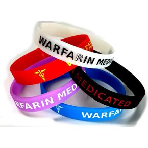 5x WARFARIN Medicated Wristband MEDICAL AWARENESS ALERT BRACELET Glow in the Dark, Red, Black, Purple, Blue, Anticoagulant