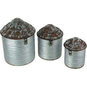 Vintage White Finish Farmhouse Style Galvanized Decorative Tin Silo Canister Set of 3 Western Décor - Rustic Grain Bin Charm for Your Western Home Decor