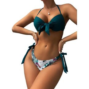 Milumia Women's Two Piece Push Up Swimsuit Tropical Print Knot Front Halter Bikini Set