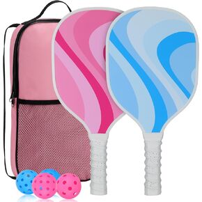 Pickleball Paddles Set of 2, Cute Pink & Blue Pickleball Rackets with 4 Pickle Balls, 1 Portable Pickleball Bag, Wooden Aesthetic Pickleball Paddles Set for Beginner Women Gift