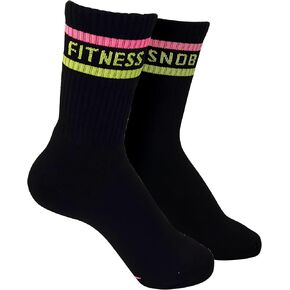 Black Womens Neon Striped Crew Socks, Athletic Gym & Running Socks for Women, Cushioned Support