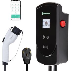 50 Amp - PRIMECOM.TECH Level-2 Smart Electric Vehicle Home Charging Station 220 Volt for Tesla and All EV Brands, 30' to 50' Feet Cord Length Options (NEMA 14-50p, 50 Feet)
