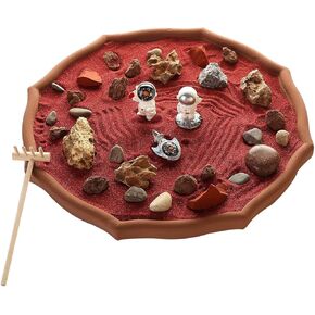 Desktop Zen Garden Kit -Mars Space Exploration Themed Zen Decor Sand,Astronaut Statue Figurines,Irregular Red Raw Sandstone Sand Tabletop Decoration,Zen Office Desktop Decoration Gift (Red)