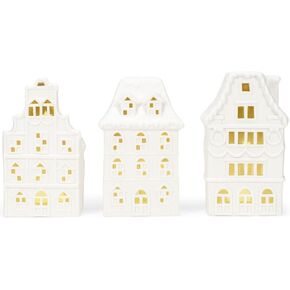 Mark Feldstein & Associates Village Row House White 8 x 4.5 Porcelain Holiday Tea Light Figurines Set of 3